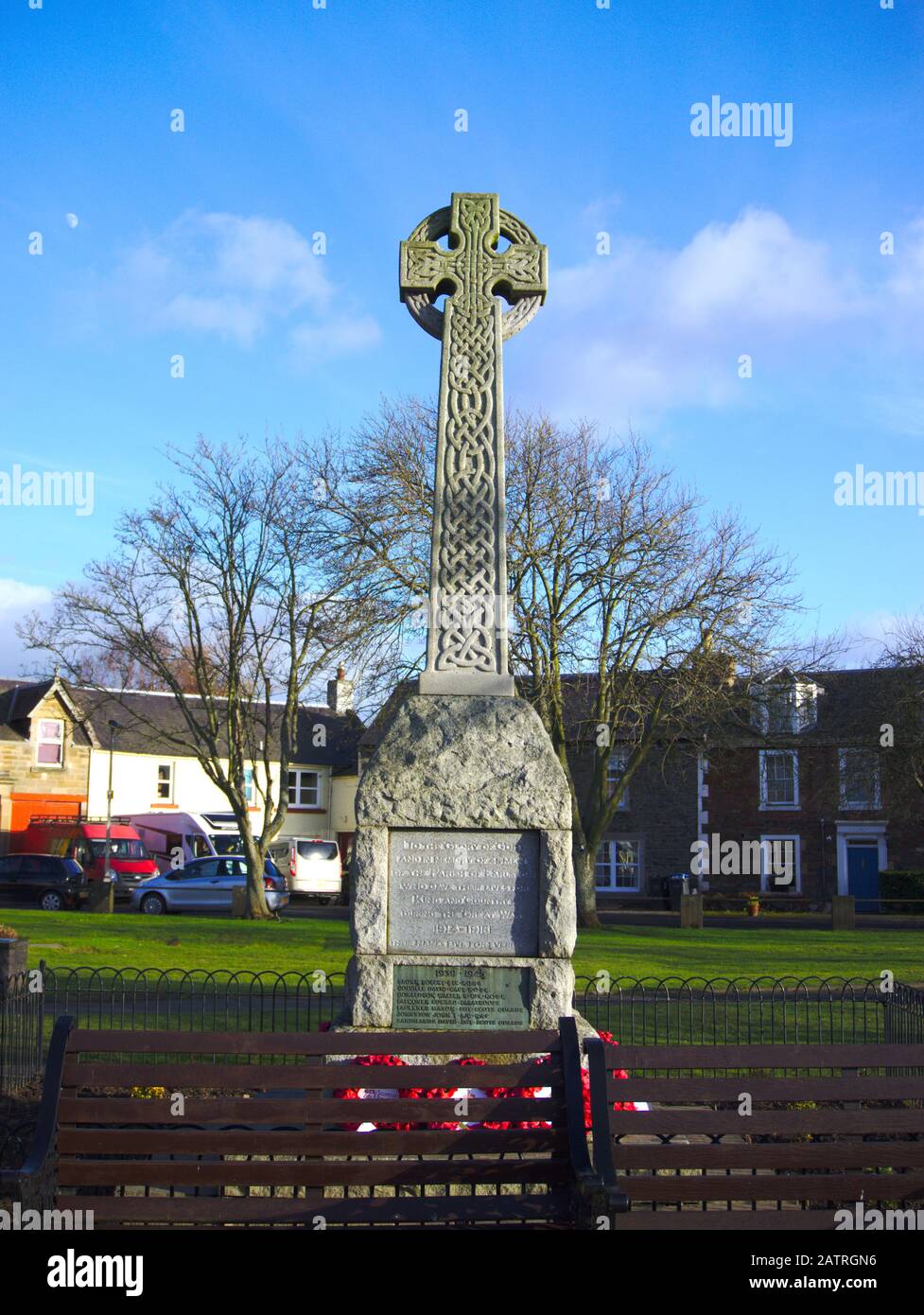 Celtic cross war memorial in Earlston, Scottish Borders, UK Stock Photo