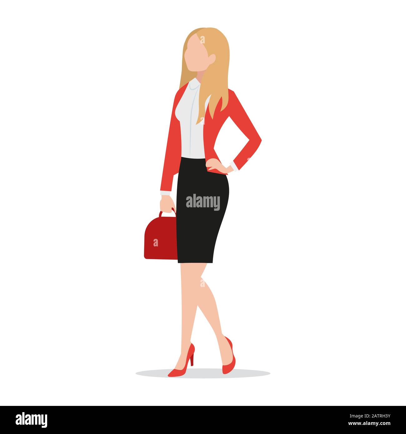 Successful businesswoman wearing black skirt and red blazer holding red handbag flat style icon isolated on white background, confident female Stock Vector