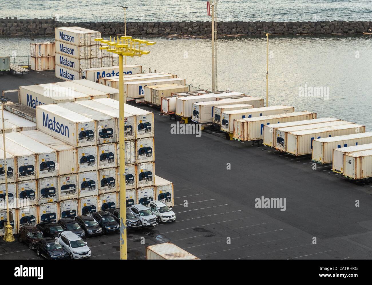 Hilo, Hawaii, USA. January 14, 2020 Ocean port. Stacks of white and