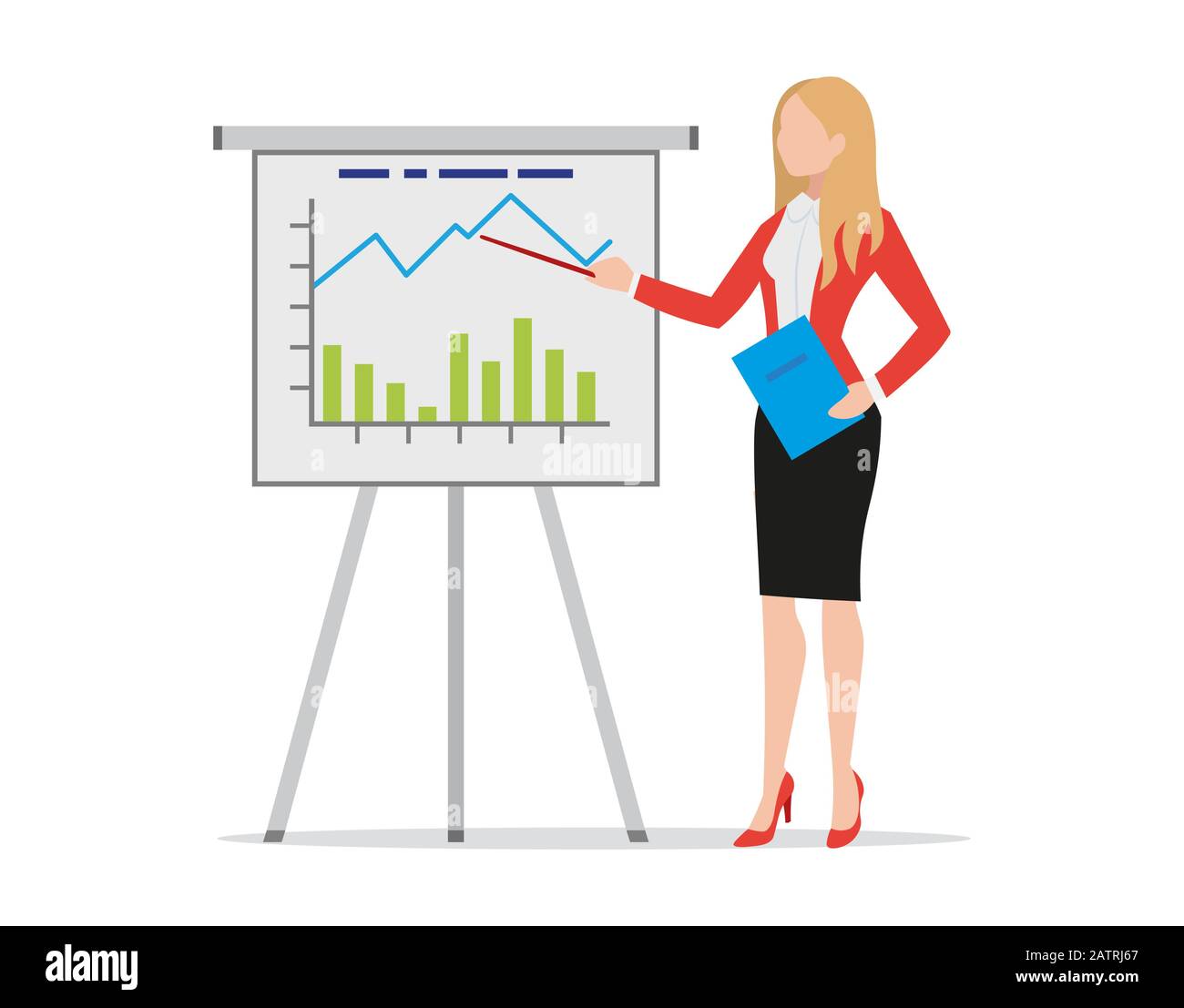 Businesswoman making flip chart presentation, pointing to graphs and diagrams, female coach trainer explaining business strategy, holding folder, flat Stock Vector