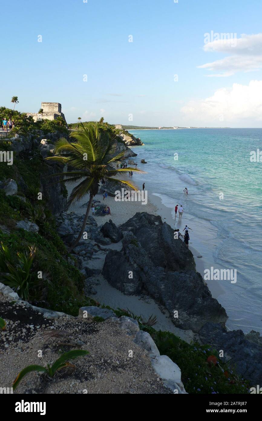 The Mayan Ruins in the Tulum Archeological Zone, Tulum, Quintana Roo, Mexico.  These ruins are distinct because they are right on the Caribbean Sea. Stock Photo