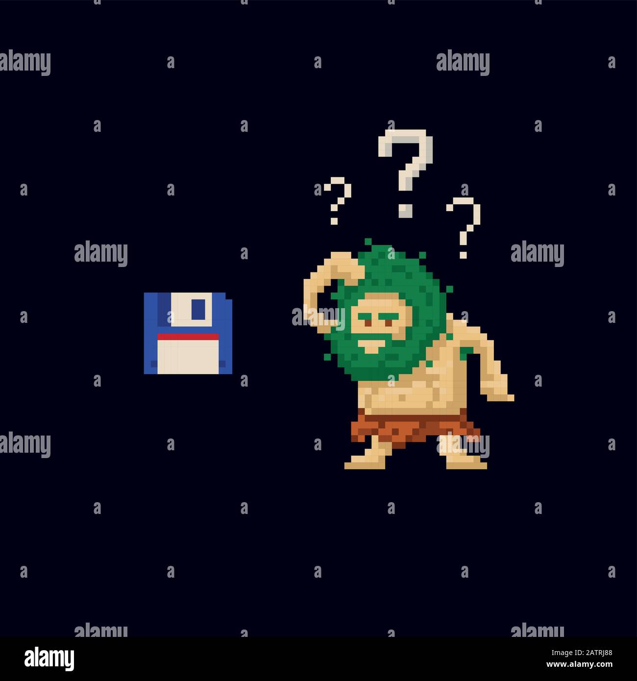 Pixel art primitive ancient cave man confused looking at floppy diskette. Vector illustration character. Game asset 8-bit sprite Stock Vector