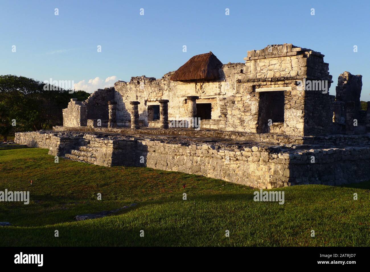 The Mayan Ruins in the Tulum Archeological Zone, Tulum, Quintana Roo, Mexico.  These ruins are distinct because they are right on the Caribbean Sea. Stock Photo