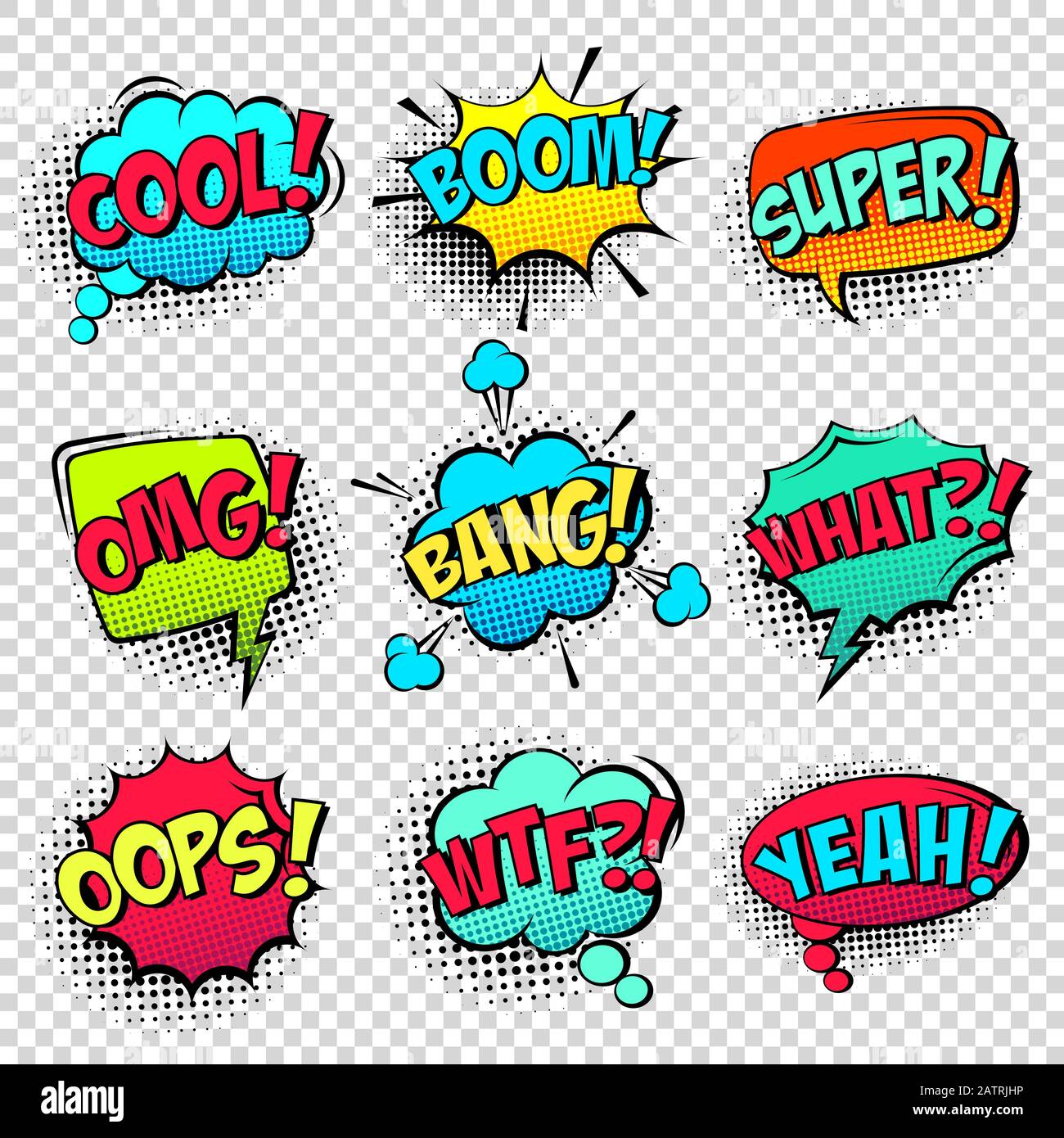 Comic colored speech bubbles with halftone shadow and text phrase ...