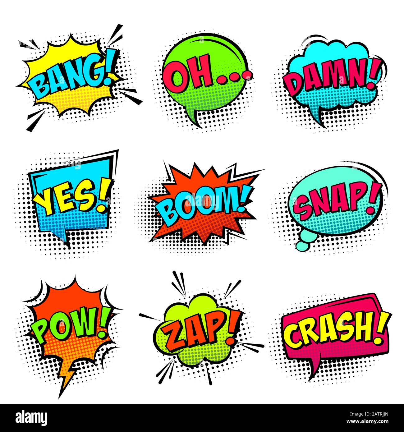 Comic colored speech bubbles with halftone shadow and text phrase ...