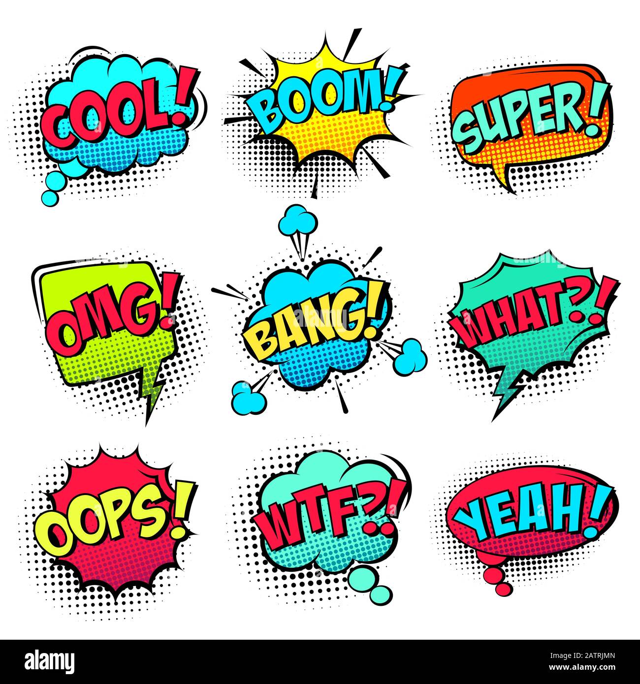 Comic colored speech bubbles with halftone shadow and text phrase ...