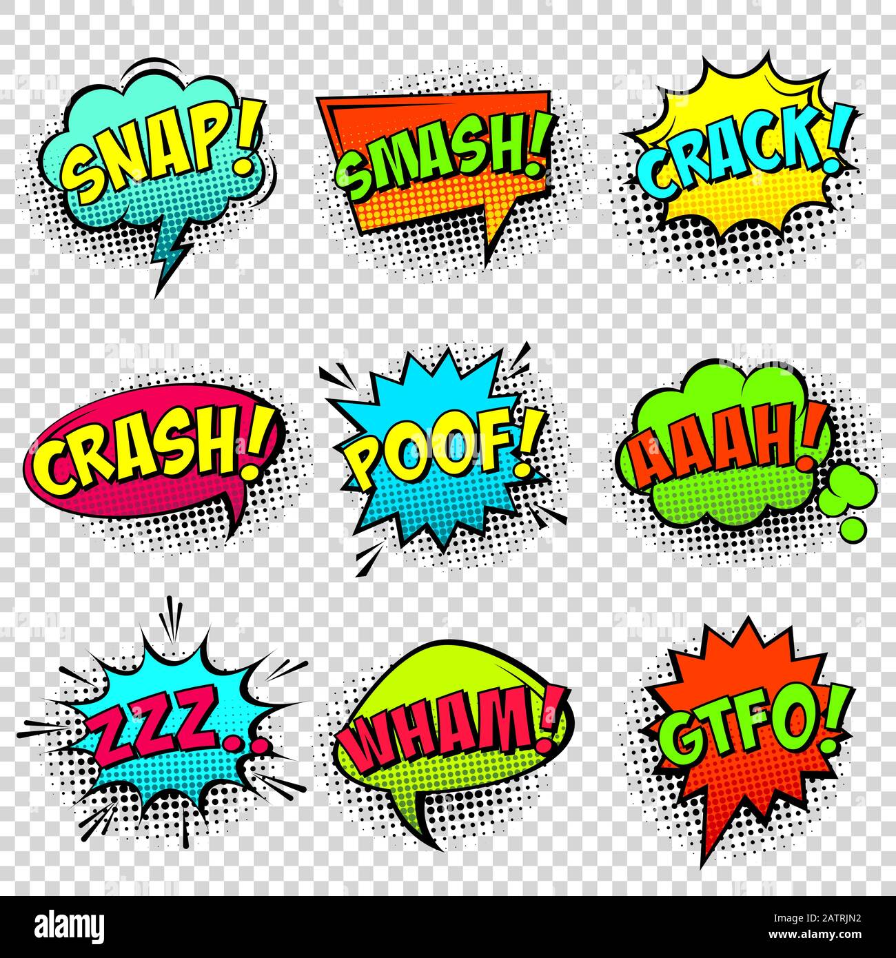 Comic colored speech bubbles with halftone shadow and text phrase ...