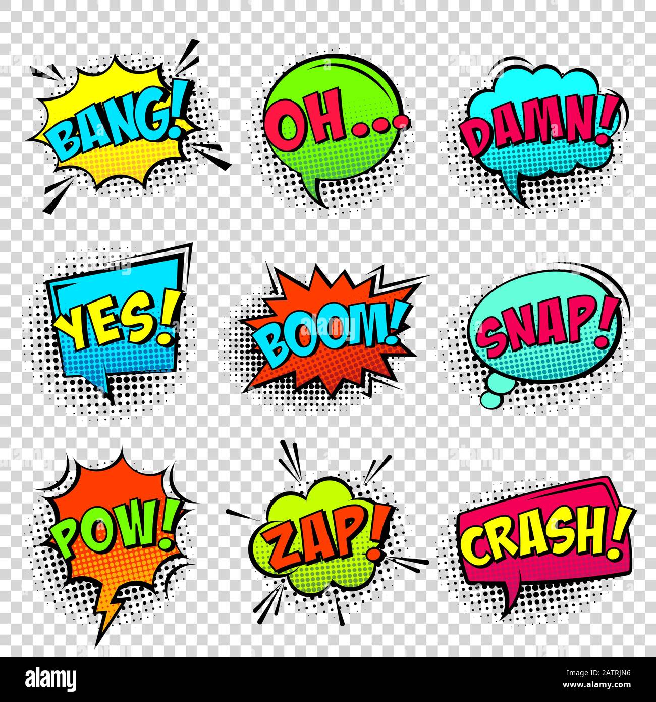 Comic colored speech bubbles with halftone shadow and text phrase ...