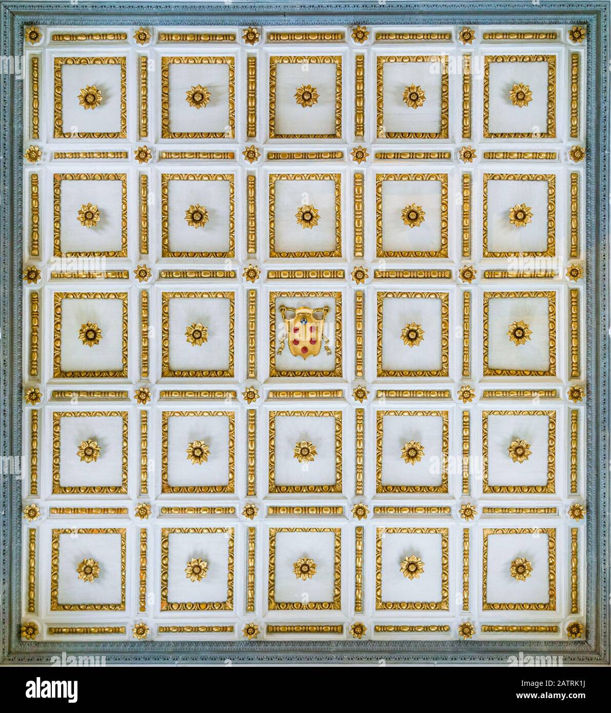 Coffered ceiling with Medici Family coat of arms in Saint Lawrence Basilica in Florence, Tuscany, Italy. Stock Photo