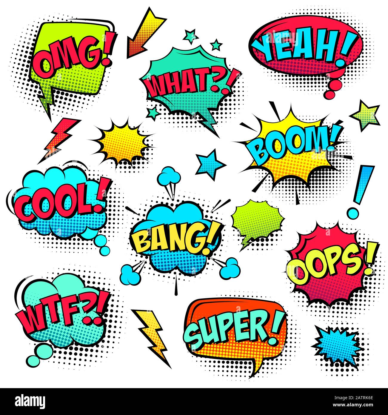 Comic colored speech bubbles with halftone shadow and text phrase ...