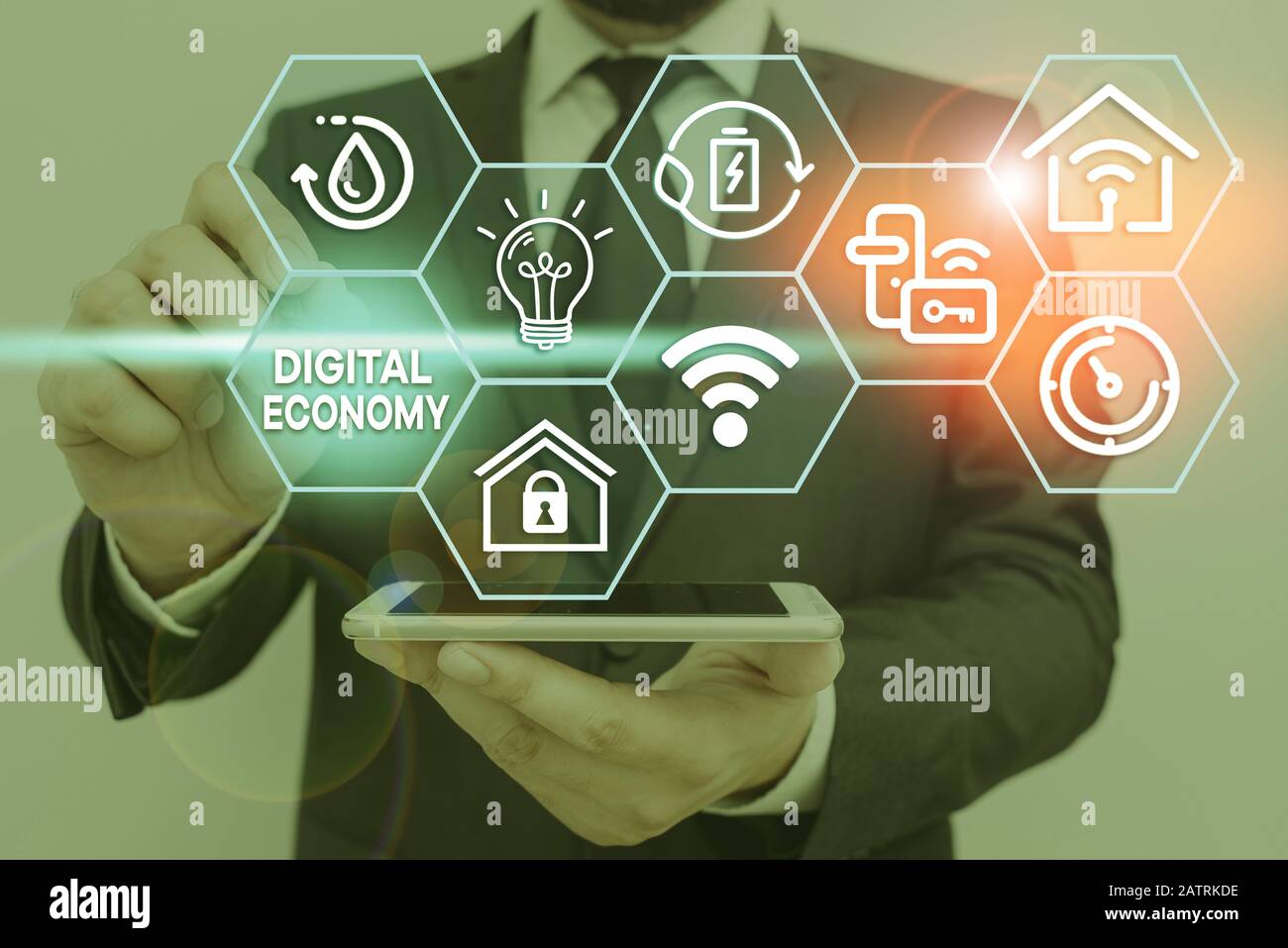 Writing note showing Digital Economy. Business concept for economic