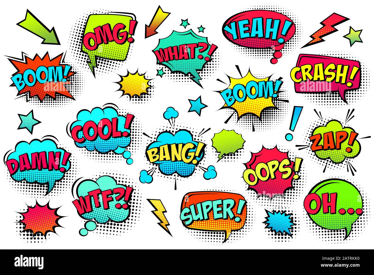 Comic colored speech bubbles with halftone shadow and text phrase ...
