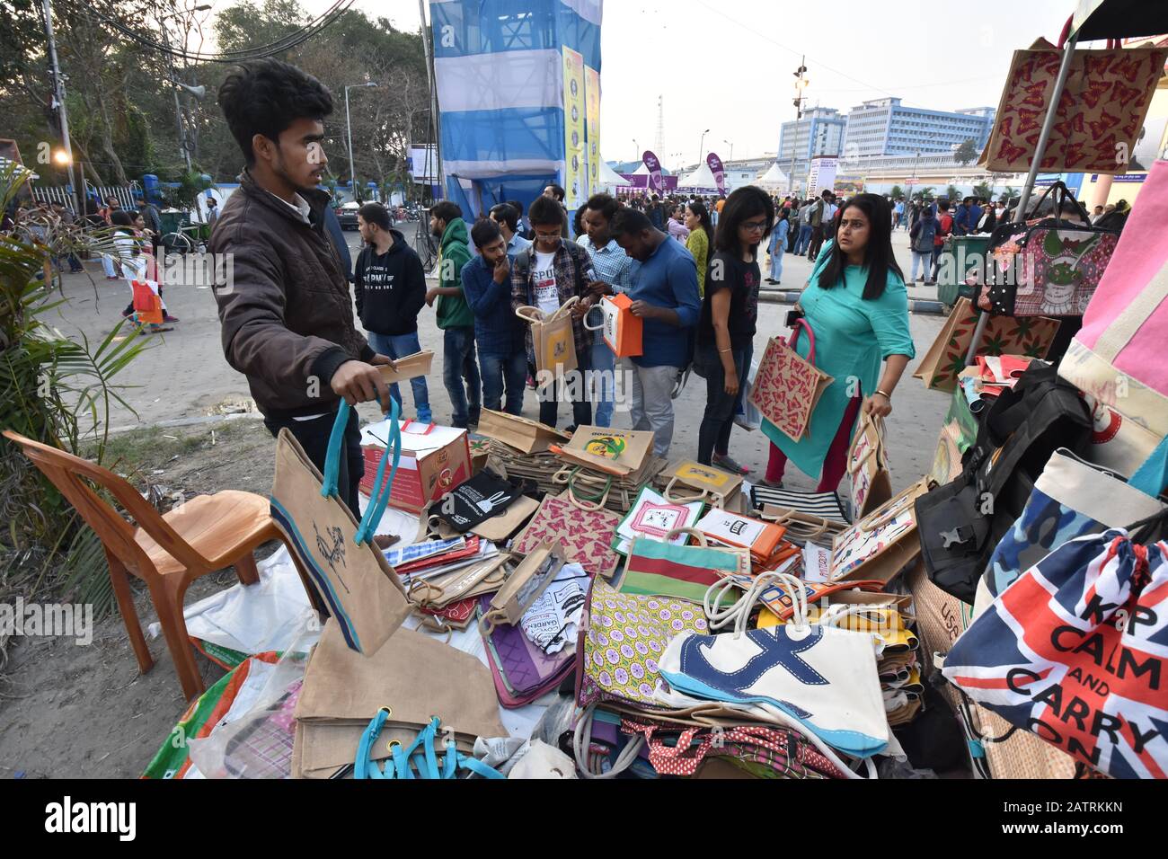 Kolkata, India. 04th Feb, 2020. Jute products are being sold on the seventh day of twelve days duration of 44th International Kolkata Book Fair 2020 at the Central Park, Salt Lake City. (Photo by Biswarup Ganguly/Pacific Press) Credit: Pacific Press Agency/Alamy Live News Stock Photo