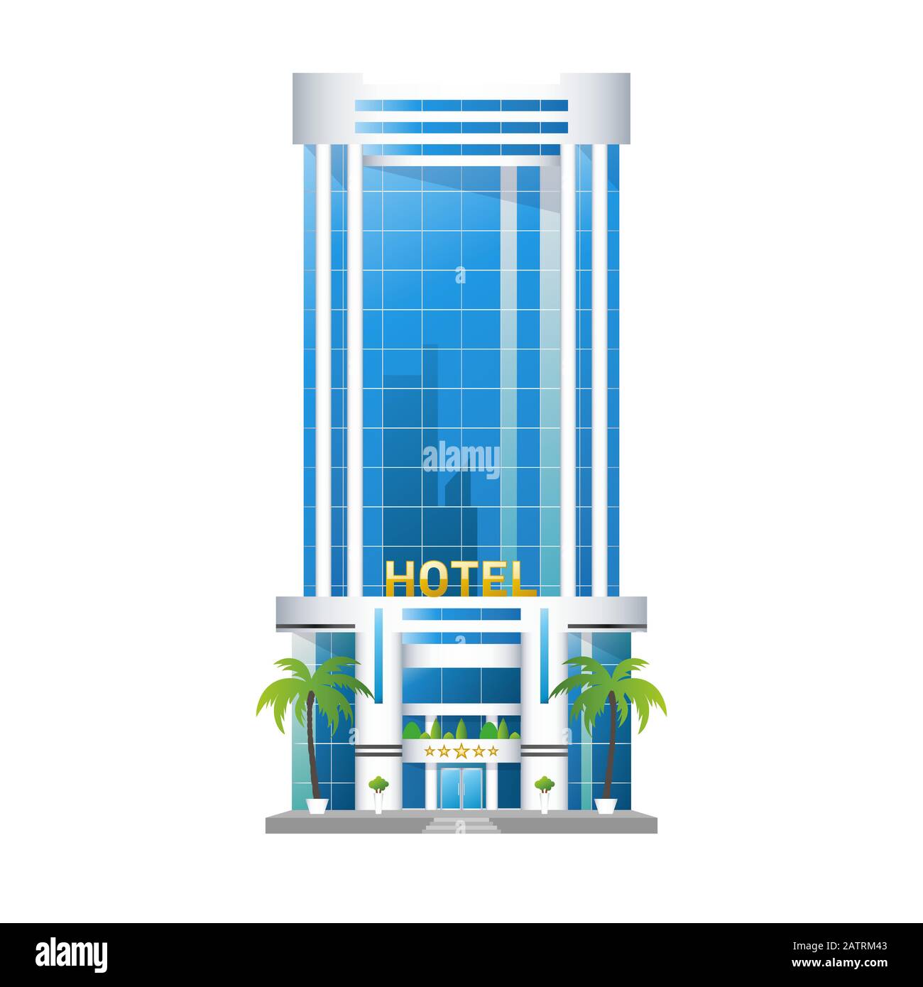 Modern hotel building, skyscrapers towers with palm trees icon isolated on white background, vector illustration. Stock Vector