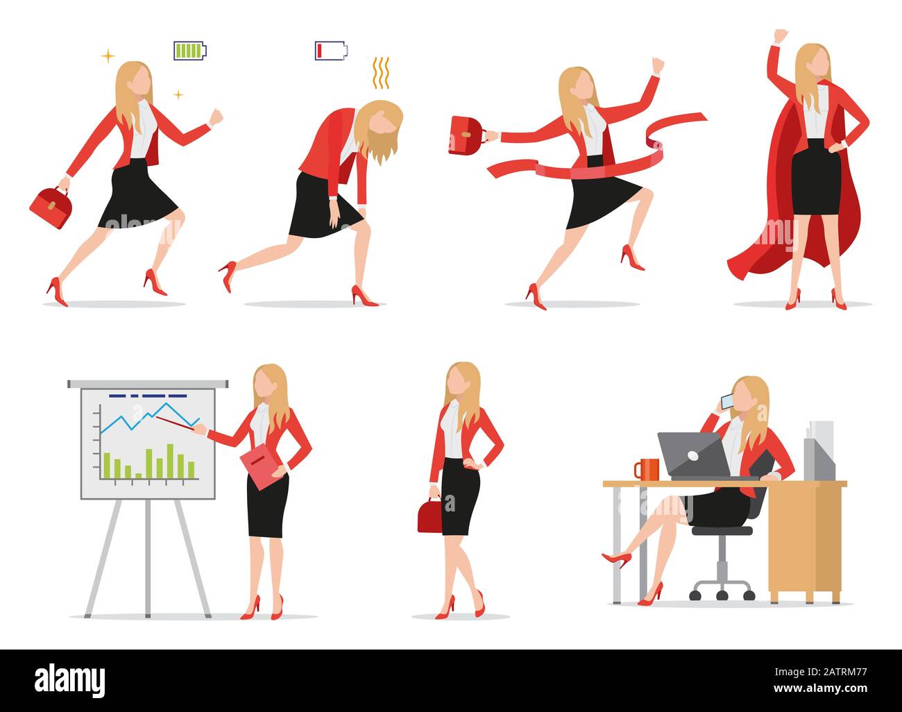 Set of flat style icons businesswoman in different situations, green and red battery signs, busy female talking on phone, presenting financial report Stock Vector