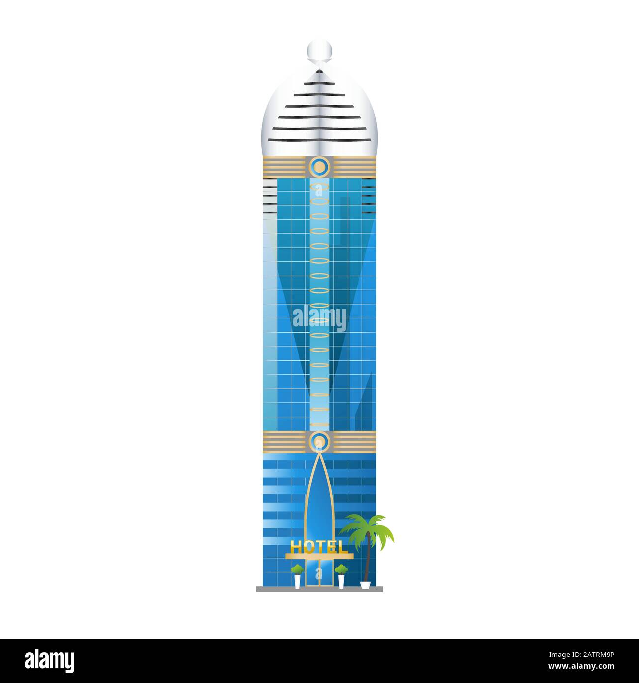 Modern hotel building, skyscrapers towers with palm trees icon isolated on white background, vector illustration. Stock Vector