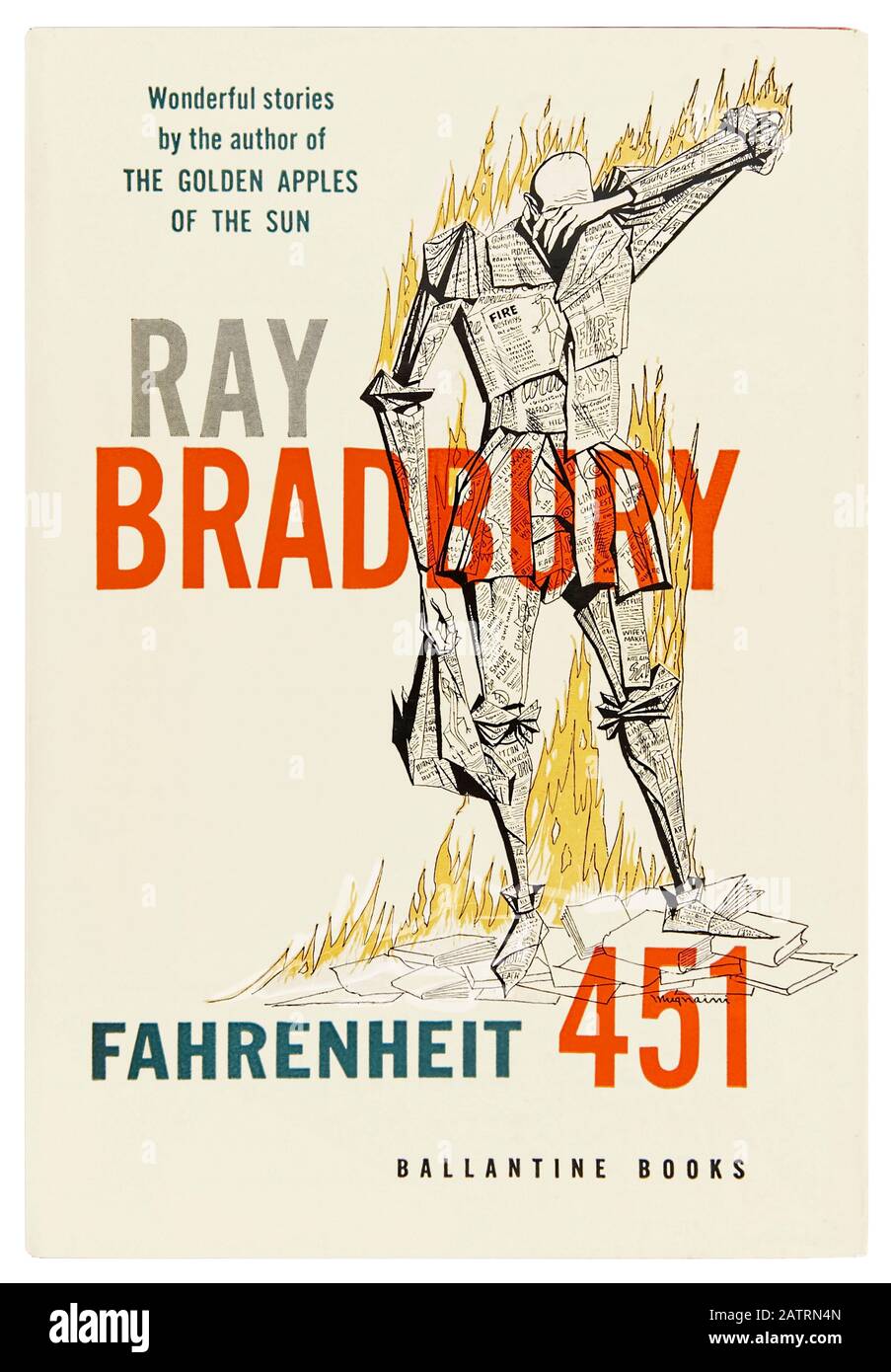 Fahrenheit 451 by Ray Bradbury (1920-2012), a dystopian novel about Guy Montag, a fireman in a society where books are outlawed and destroyed by firemen. Photograph of 1953 first edition front cover featuring an illustration by Joe Mugnaini (1912-1992). Stock Photo