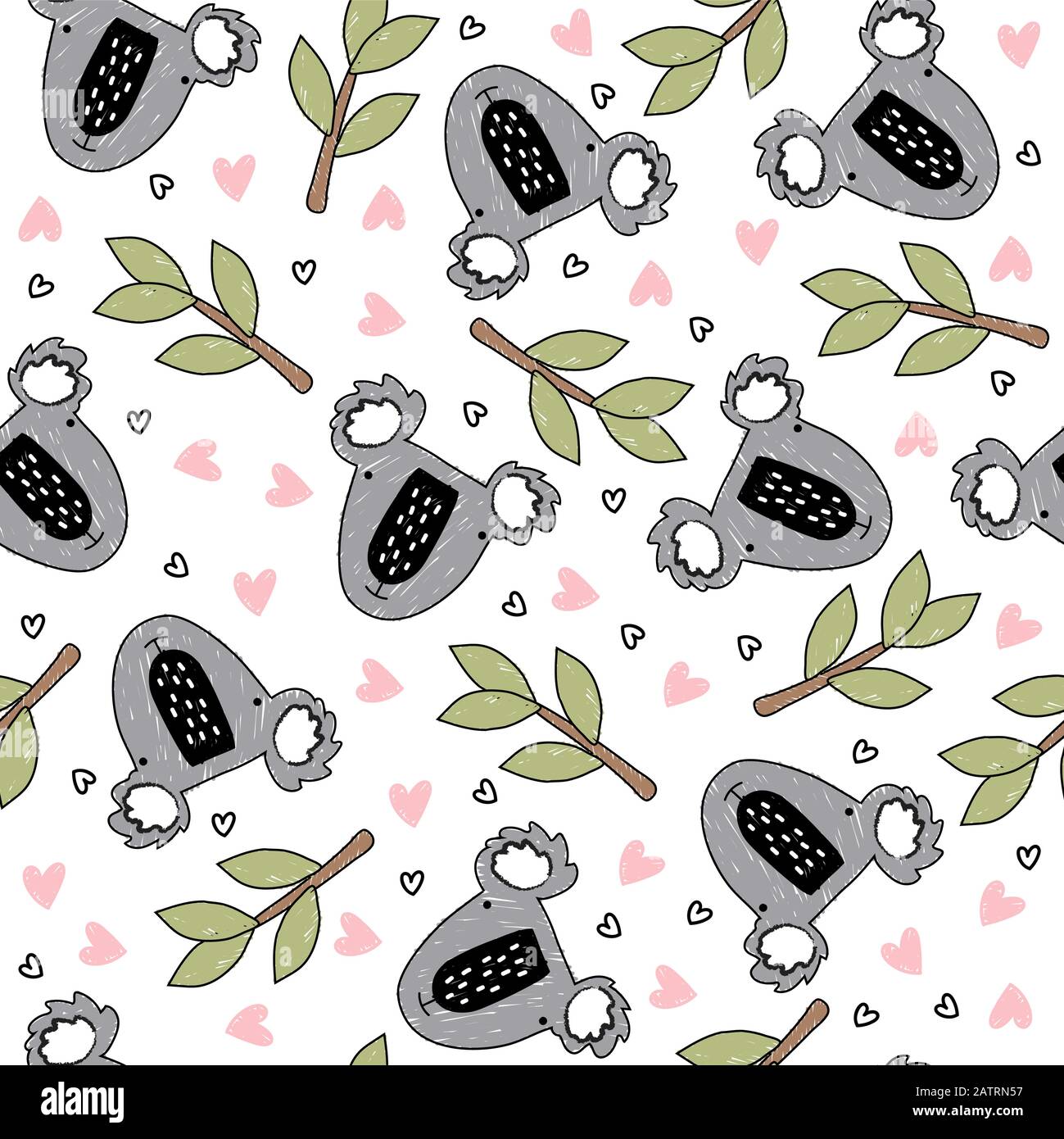 Seamless pattern with cute koalas, eucalyptus and hearts Stock Vector