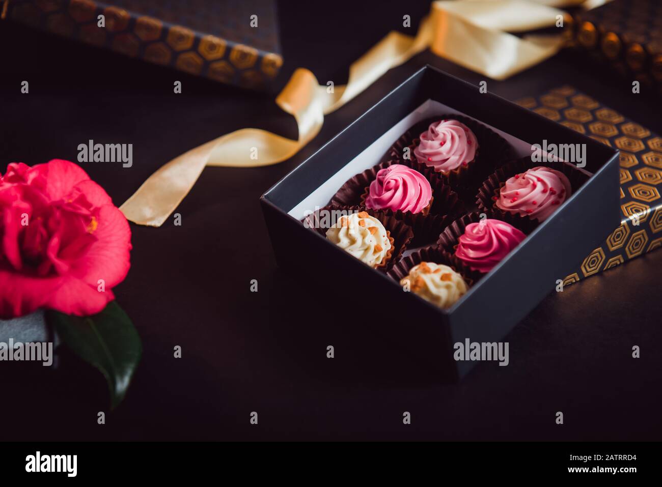 Valentines day greeting card with red roses and heart chocolate box on ...