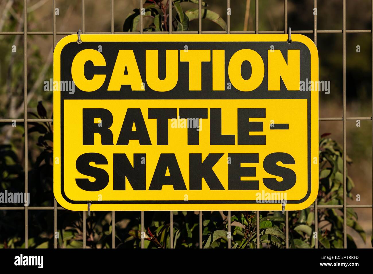 Caution Rattlesnakes wildlife warning sign on wire fence. Stock Photo