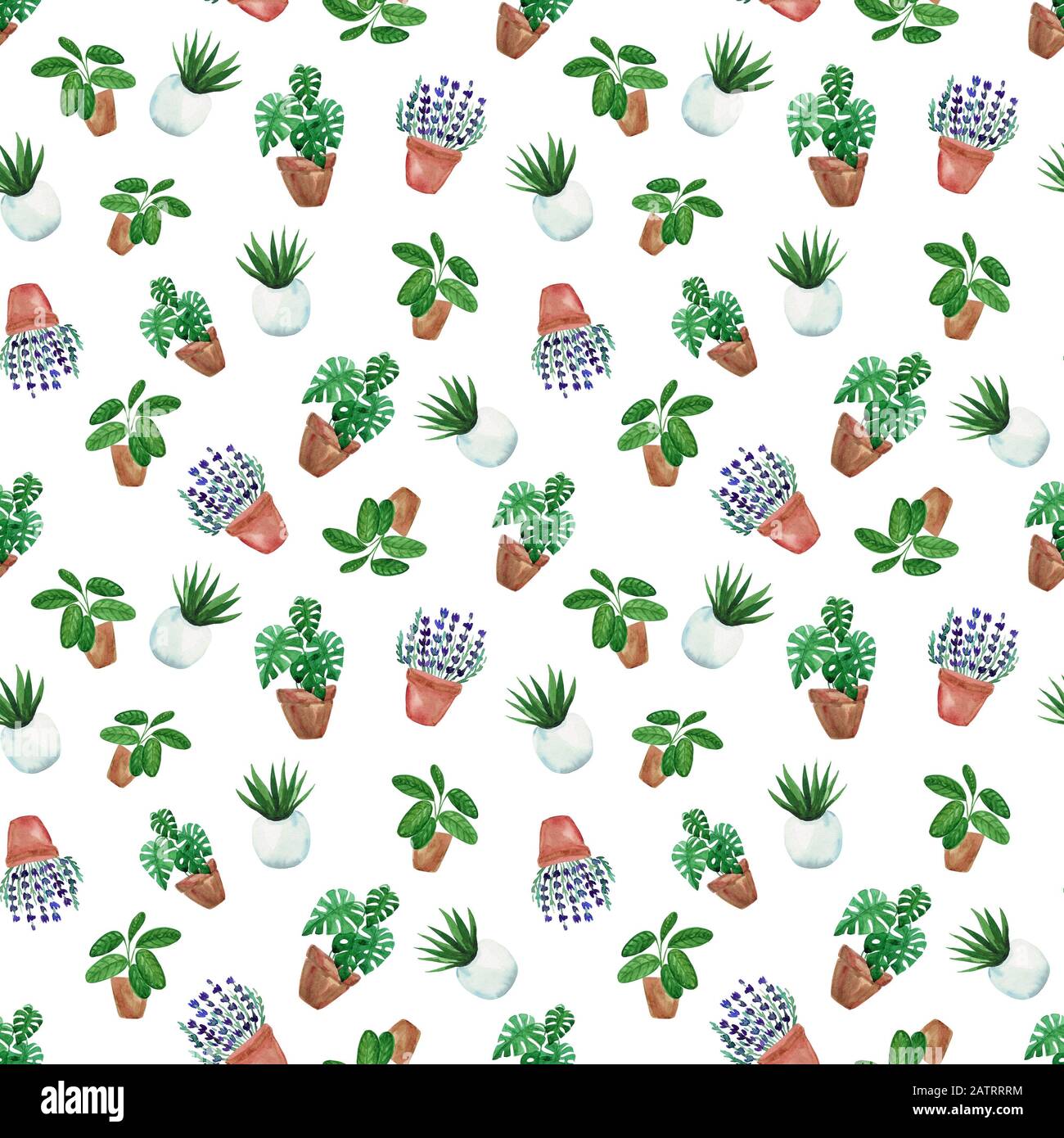 Watercolor hand painted house green plants in flower pots. Seamless ...