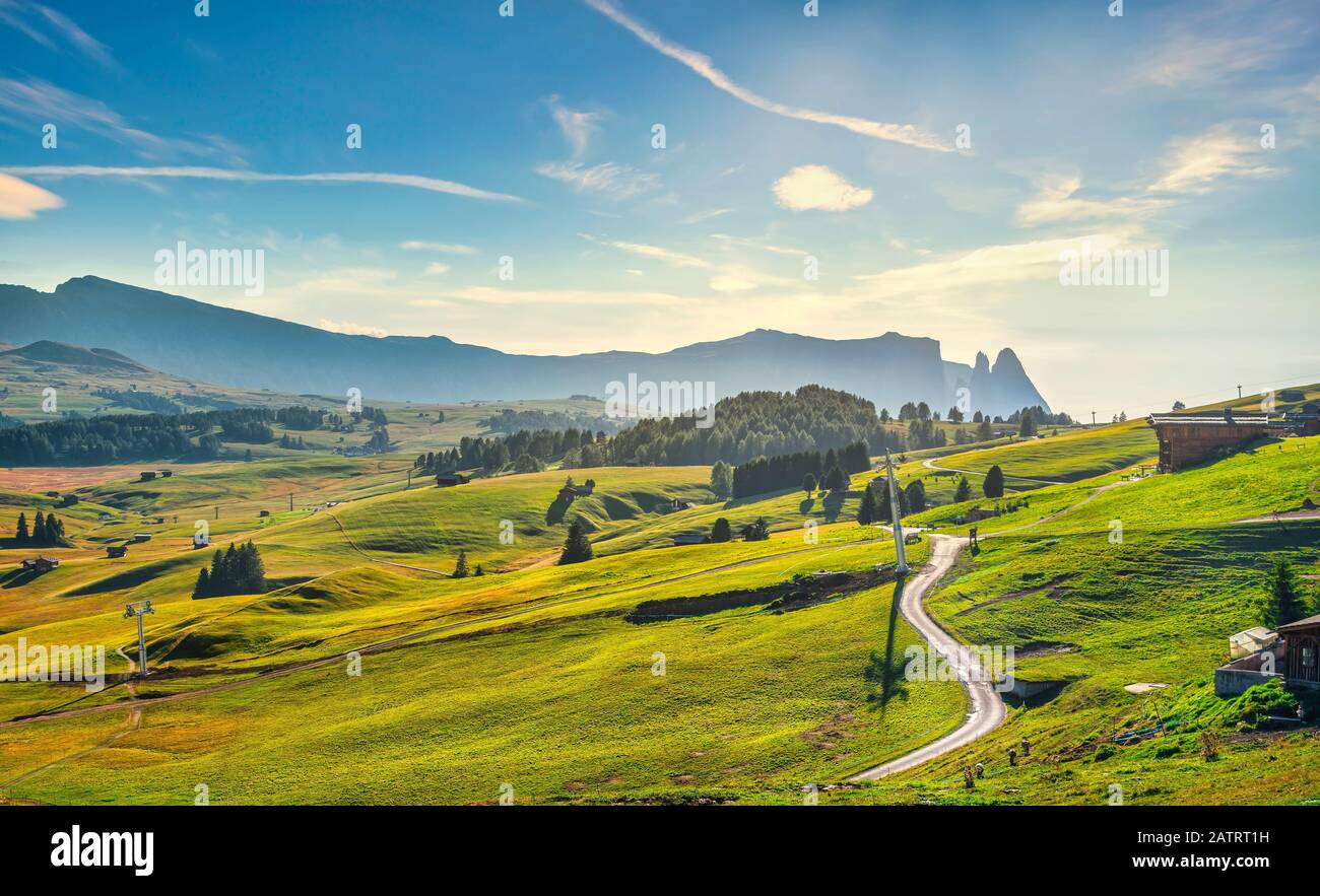 Alpe di Siusi or Seiser Alm, mountain path and Sciliar or Schlern mountain. Dolomites Alps, Trentino Alto Adige South Tyrol, Italy, Europe Stock Photo