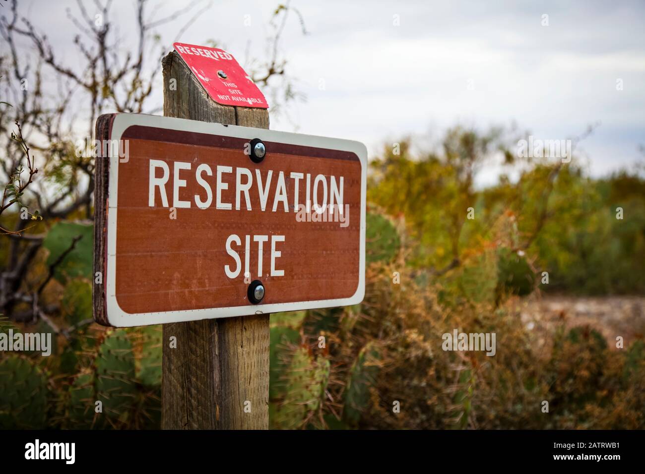 Reservation sign at campground, Oliver Lee Memorial State Park; Alamogordo, New Mexico, United States of America Stock Photo