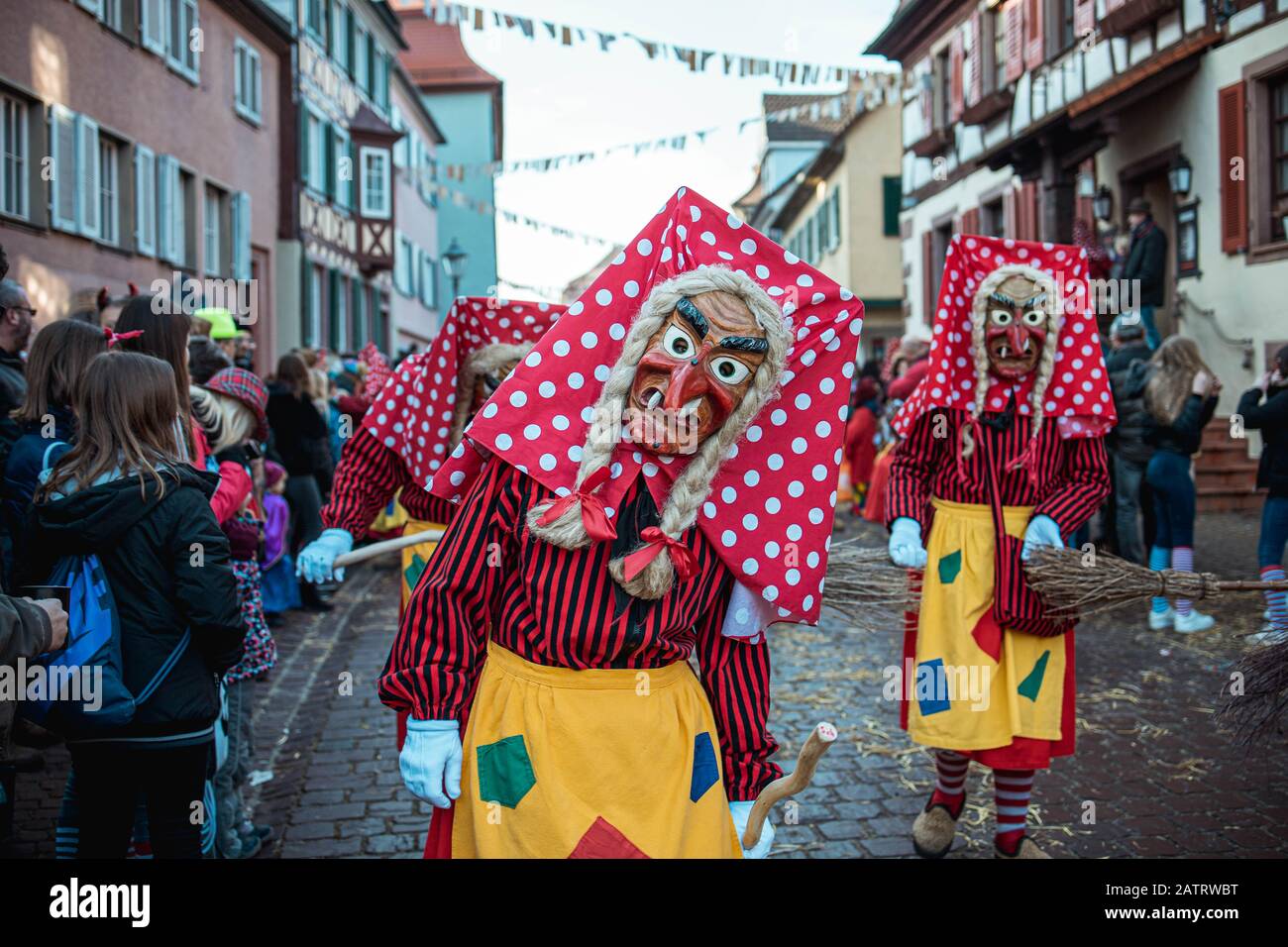 schellenberg witches donaueschingen - witch with a dotted red headscarf - carnival parade - ettenheim - southern germany Stock Photo