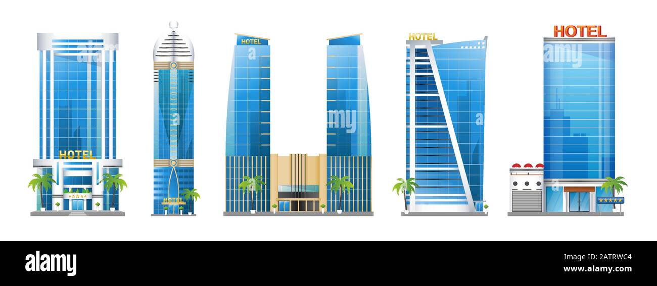 Set of modern hotel buildings, skyscraper towers with palm trees, architecture constructions, urban landscape, vector illustration isolated on white Stock Vector