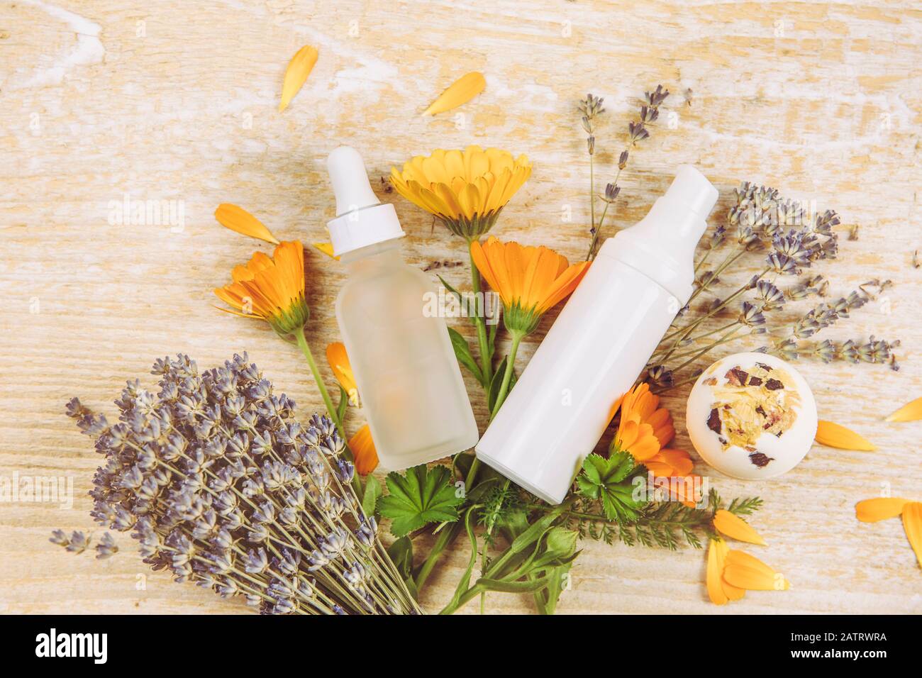 Organic plant based cosmetics concept. Top view of various herbs plants and beauty product containers on wood textured background, lot of copy space. Stock Photo