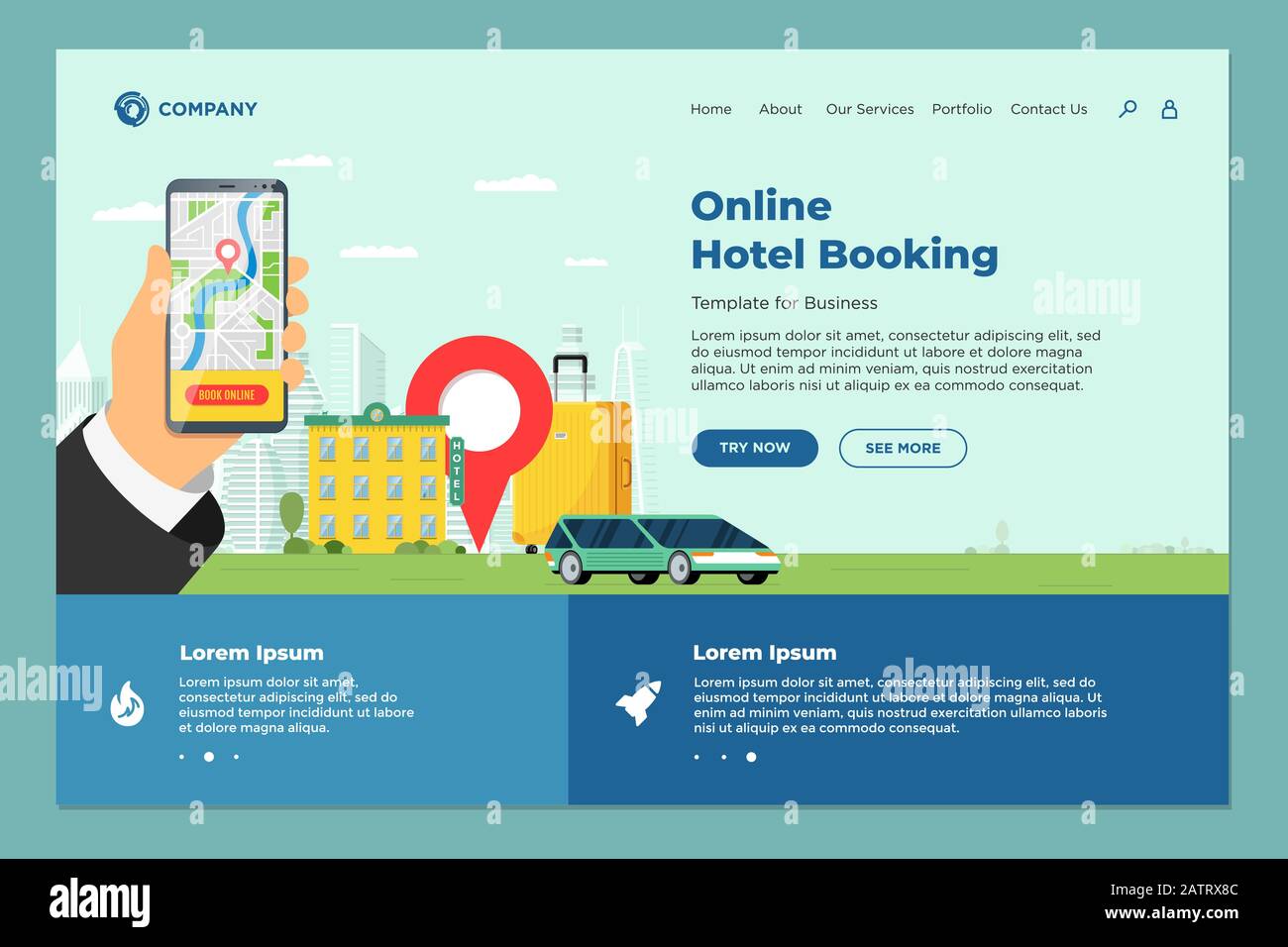 Hotel online booking service for vacation tourism landing page template. Travel apartment transport reservation web design. Motel suitcase and location pin and hand holding smartphone eps illustration Stock Vector