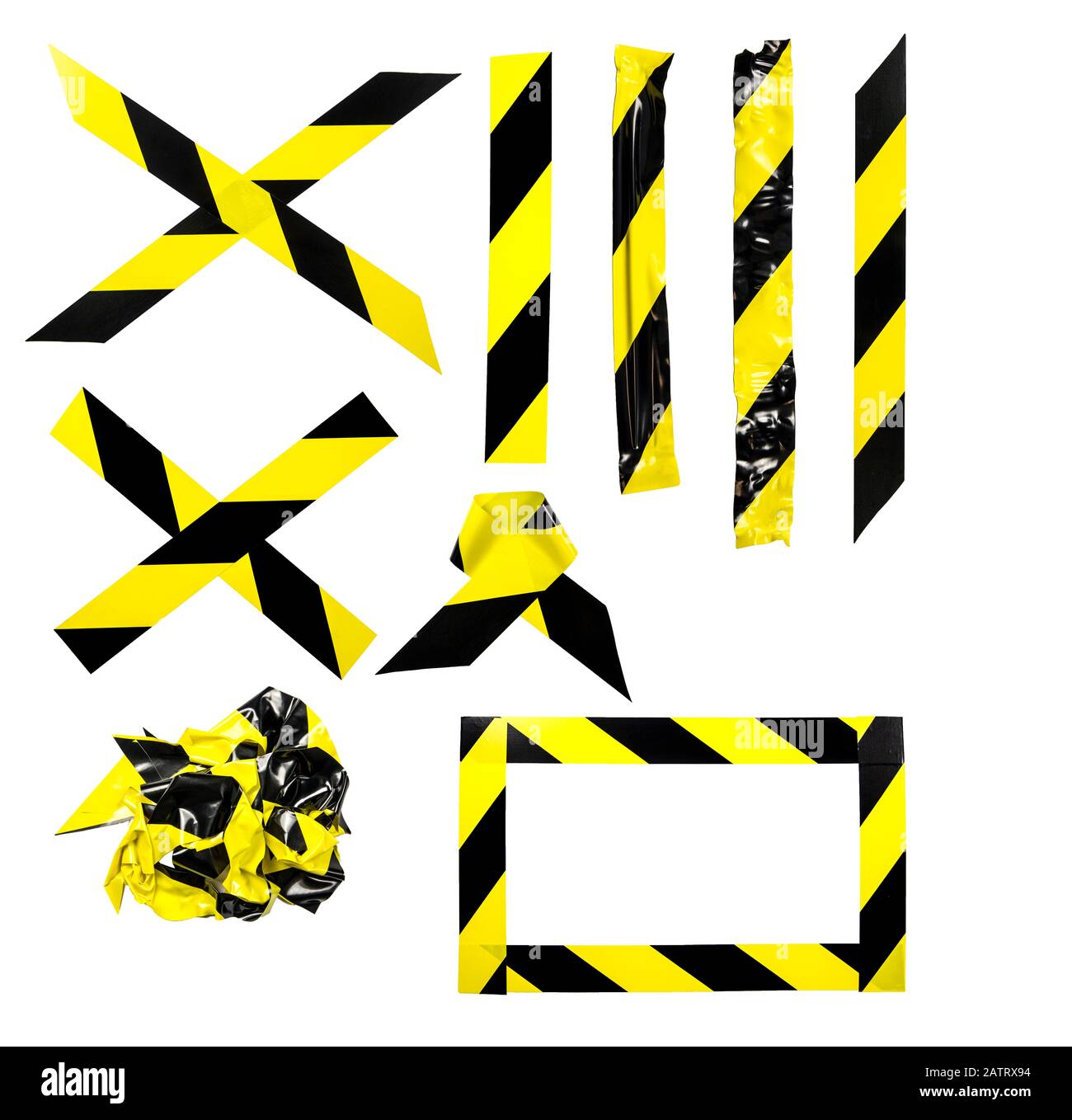 Set of different shape and size yellow black hazard caution tape strips isolated on white background. Flat lay top view. Stock Photo
