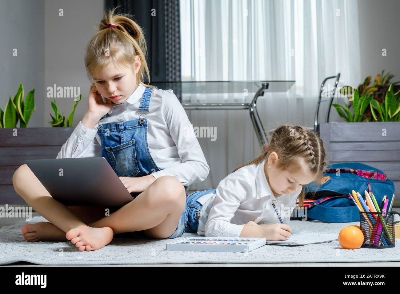 Two little sisters lying on the floor at living room and using laptop ...