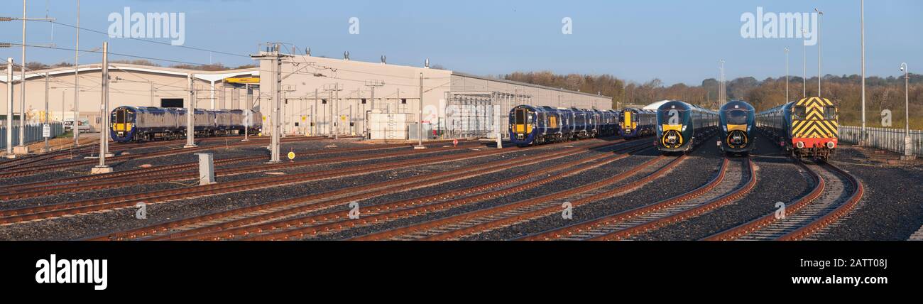 Newly assembled class 800 IEP trains for First Great Western Railway, and class 385's for Scotrail at the Hitachi assembly plant Newton Aycliffe Stock Photo