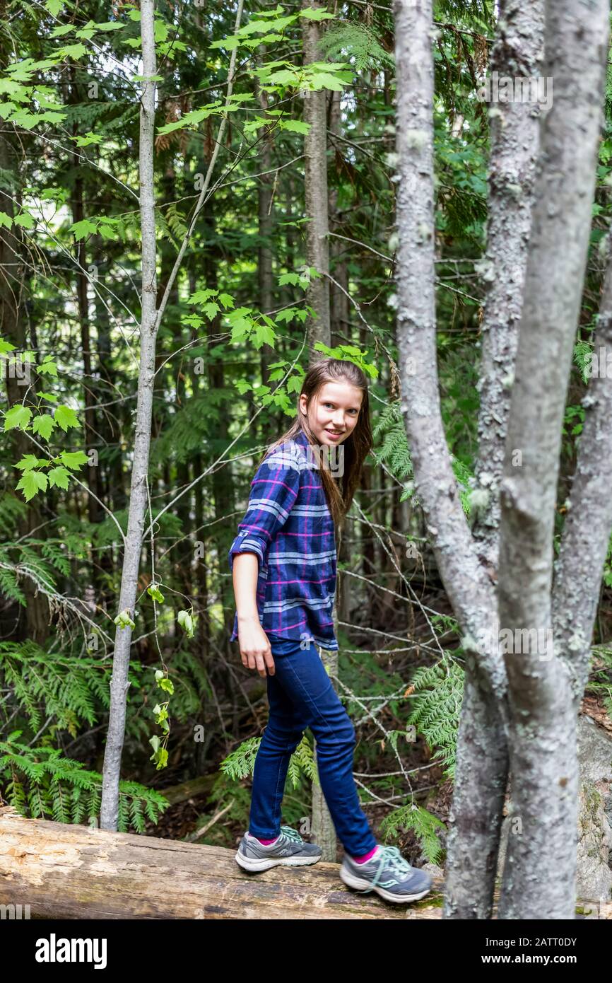 A pre-teen girl balances while walking on a log in a forest; Salmon Arm, British Columbia, Canada Stock Photo