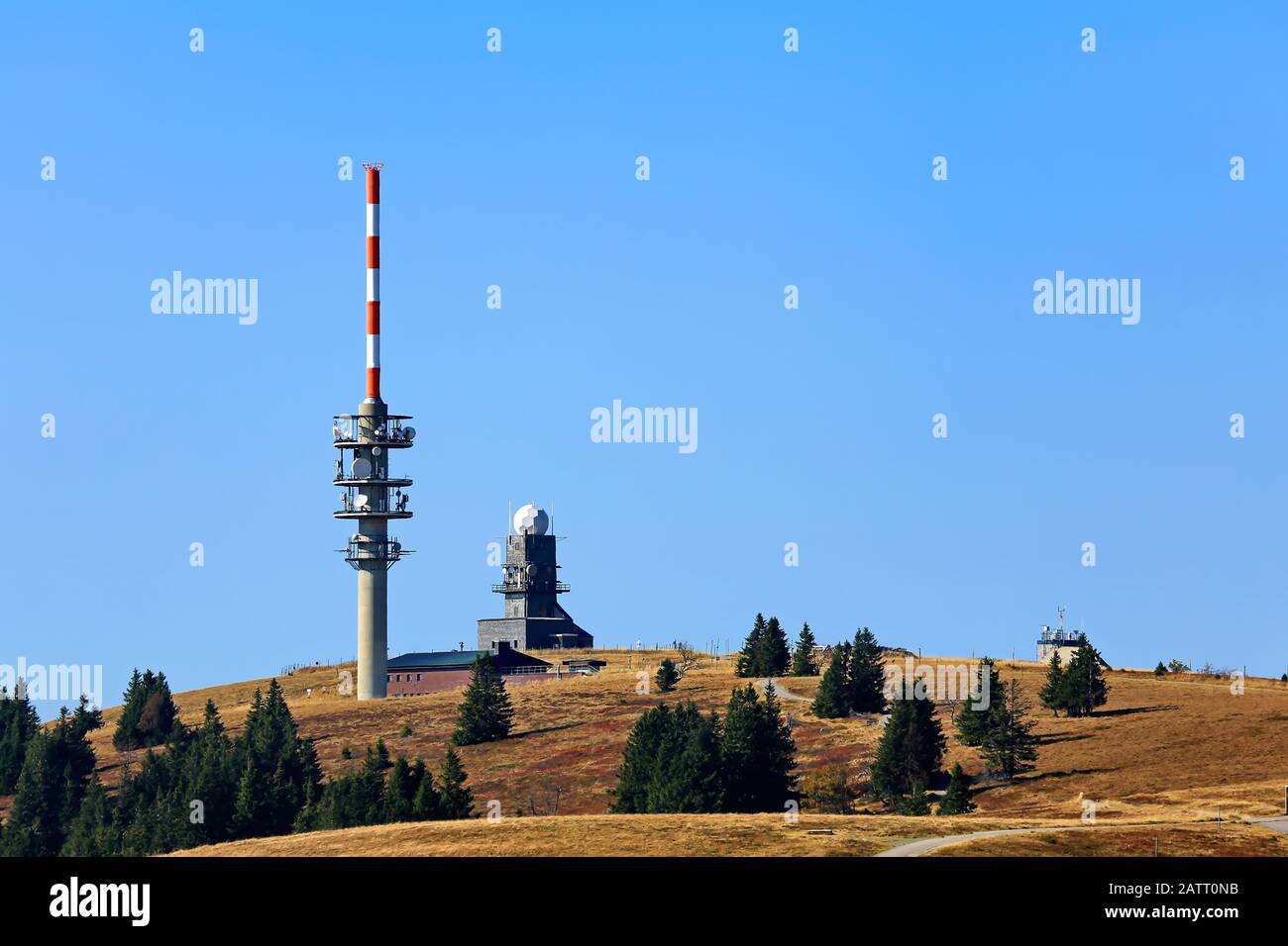Feldberg Black Forest / Germany - 09 22 2018: Feldberg is a mountain peak in the Black Forest with TV tower. Stock Photo