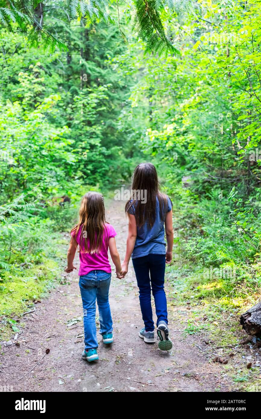 Two sisters holding hands and walking on a trail in a forest; British ...