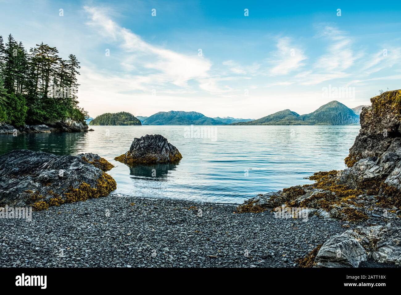 Late day light on the islands of Prince William Sound; Alaska, United States of America Stock Photo