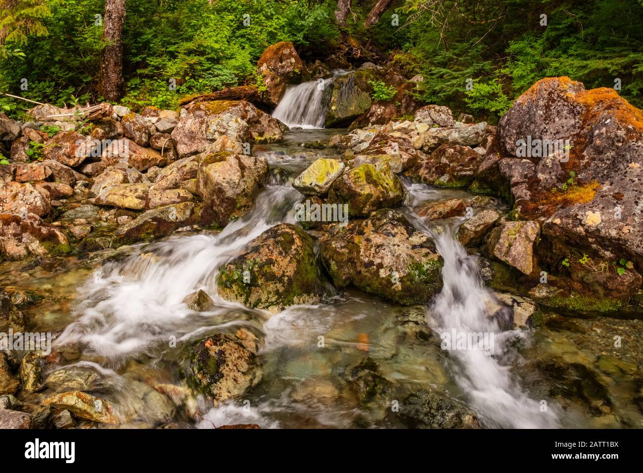Mountain stream flowing as a waterfall in Prince William Sound; Alaska, United States of America Stock Photo