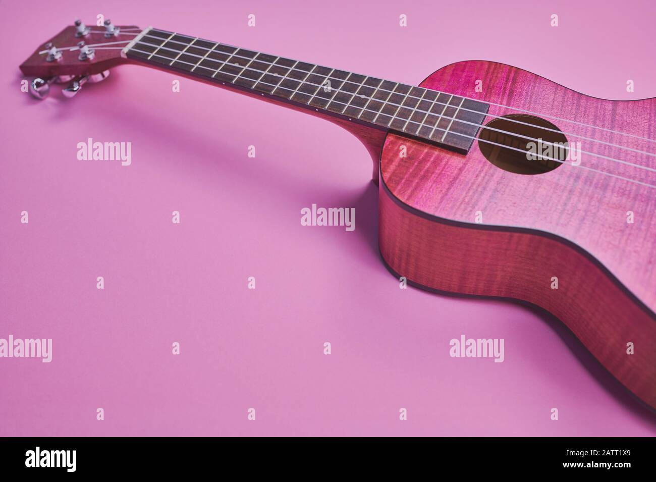 color photo of a pink ukulele on pink background in a matt style Stock Photo