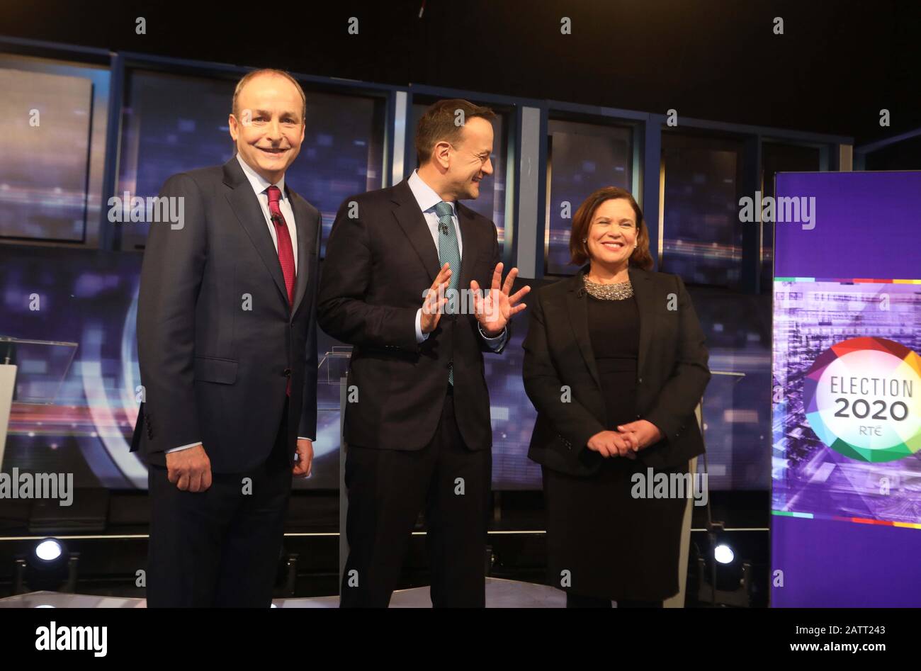 Dublin, Ireland. 4th Jan 2020. RTÉ Prime Time Leaders Debate. Pictured are (l to r) party leaders Micheal Martin TD of Fianna Fail, Taoiseach Leo Varadkar TD of Fine Gael and Mary Lou McDonald TD of Sinn Fein in RTE on stage in Donnybrook this evening, as RTE prepares to broadcast the final live television leaders' debate of the Election 2020 campaign. Photograph: Leah Farrell / RollingNews.ie Credit: RollingNews.ie/Alamy Live News Credit: RollingNews.ie/Alamy Live News Stock Photo