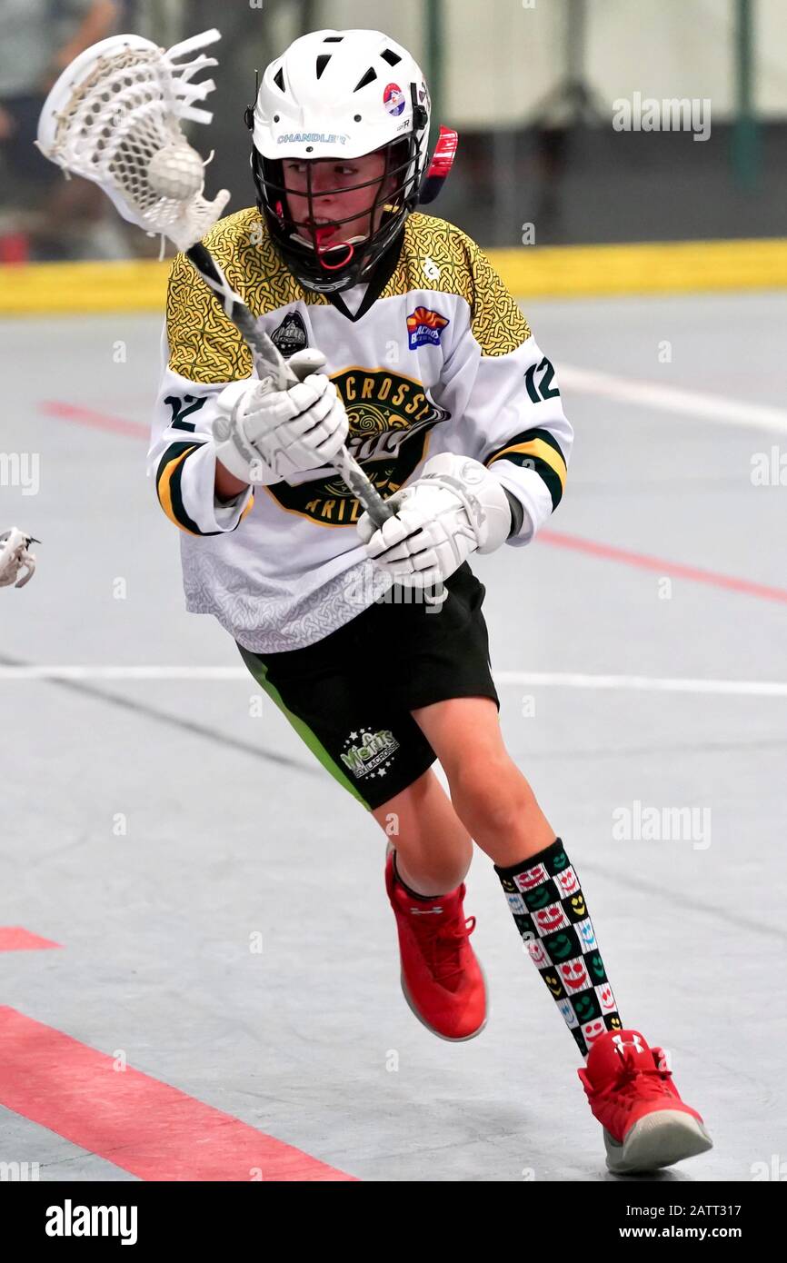 A teenage boy lacrosse player in action during an indoor lacrosse game. Stock Photo