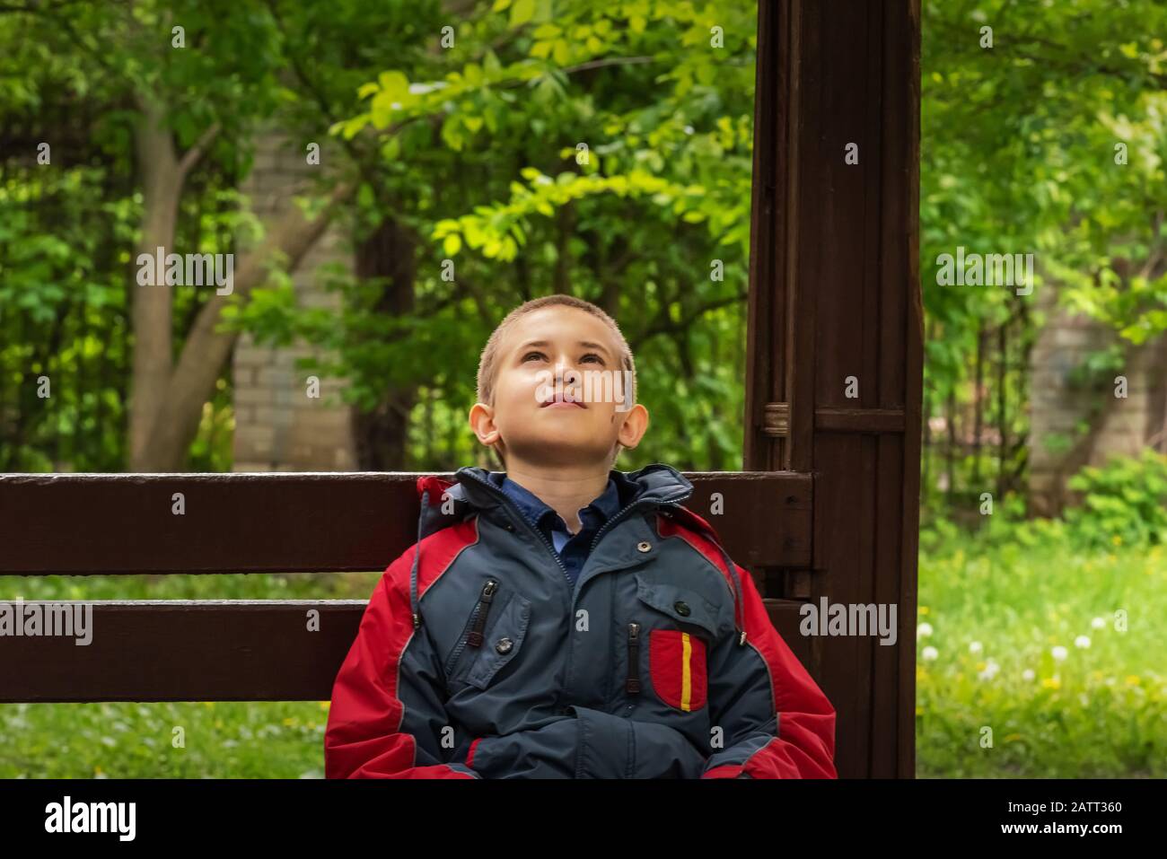 Close-up of dreaming boy in casual clothings. Teenager is looking up while sitting alone on brown wooden bench in park. Selective focus. Unfocused gre Stock Photo