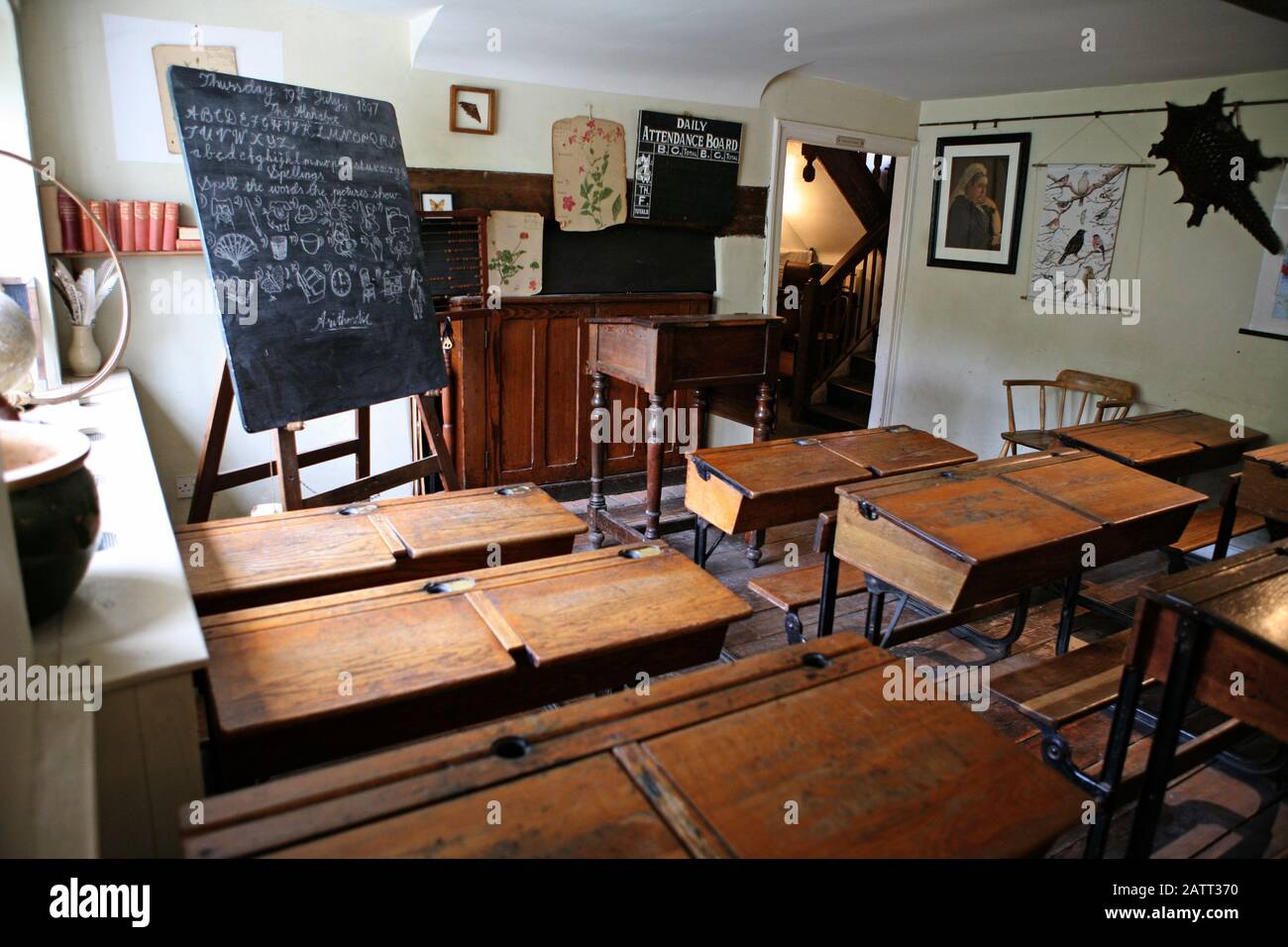 Interior: period schoolroom at Manor Farm, Bursledon, Hampshire, England, now a living museum, which featured in the recent BBC2 series 'Wartime Farm' Stock Photo
