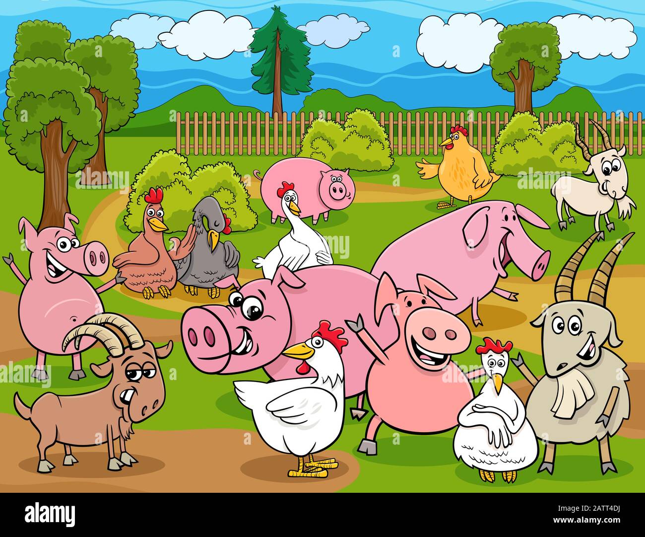 Cartoon Illustration of Happy Farm Animals Comic Characters Group in the Countryside Stock