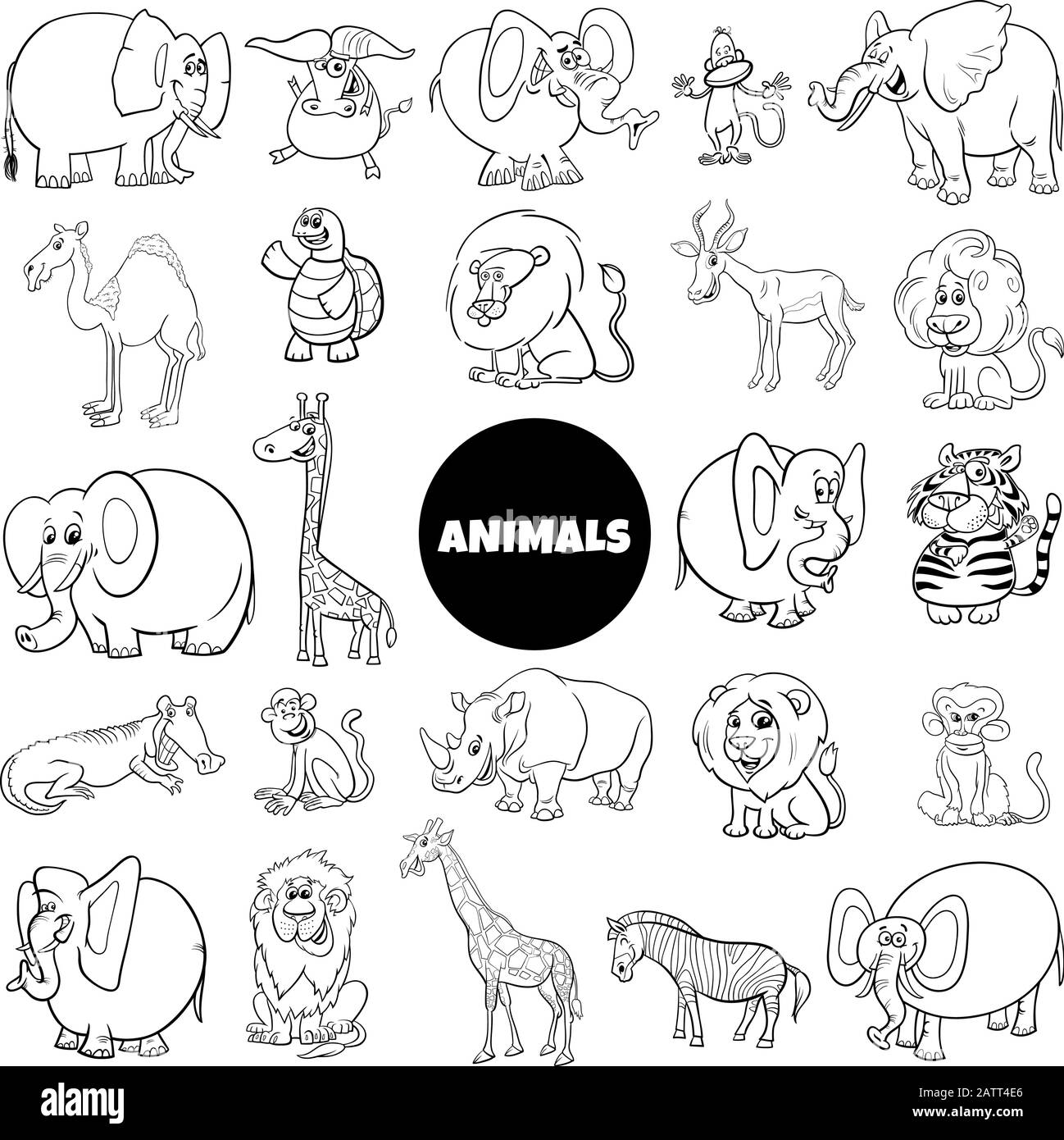 Download Black And White Cartoon Illustration Of Wild Animal Characters Large Set Coloring Book Page Stock Vector Image Art Alamy