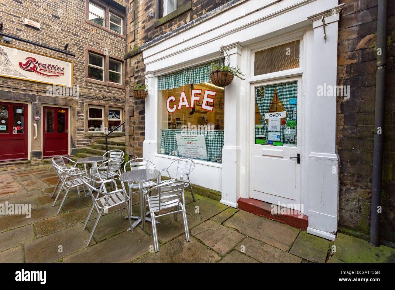 Sid's cafe, Holmfirth, West Yorkshire, UK, the location of Ivy's cafe as featured in Last of the Summer Wine, a BBC comedy. Stock Photo