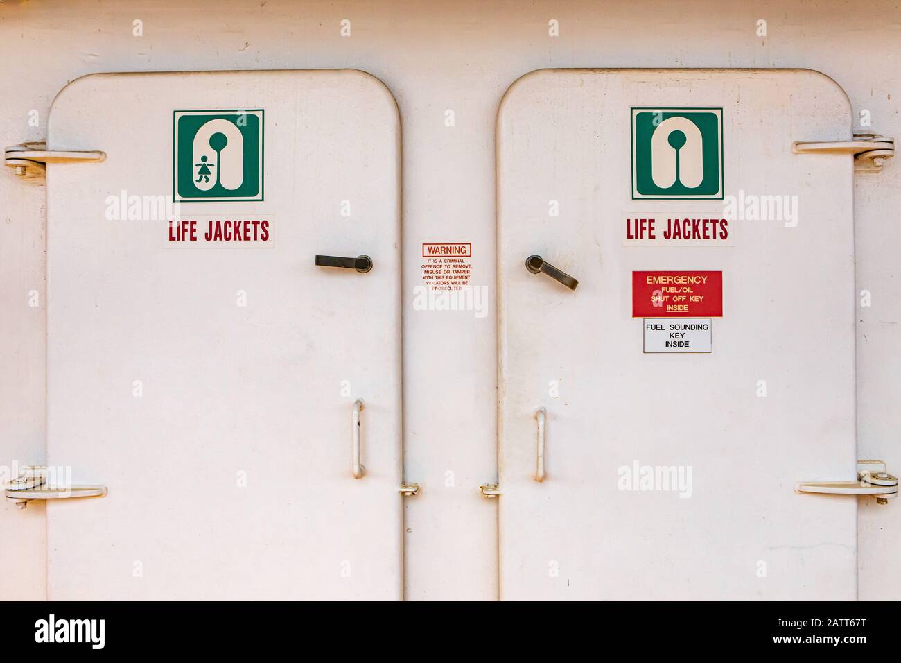 Close up of the doors of the life jacket compartment room on a ...