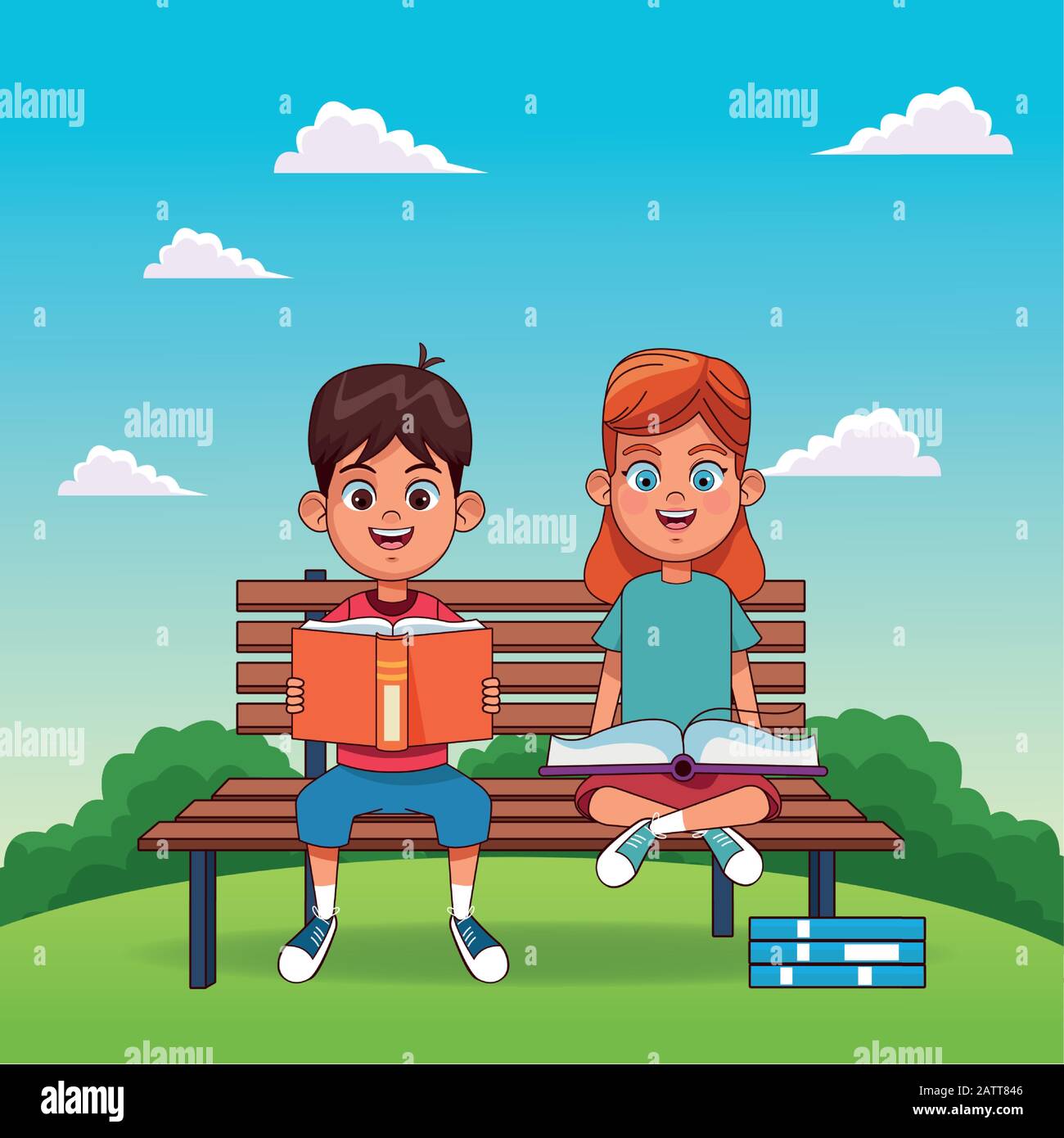 cartoon boy and girl sitting on a park bench, colorful design Stock ...