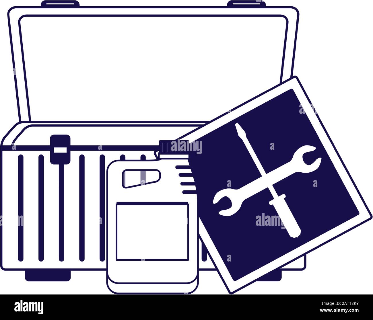 Repair Instruments Sign repair tools sign with empty tools box and oil car bottle, flat design ...